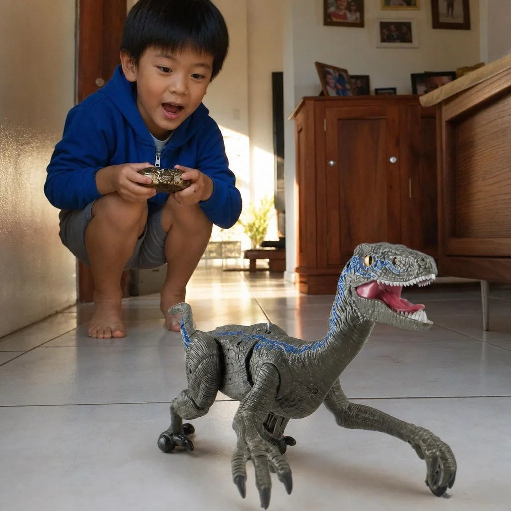 Menino brincando com o dinossauro de controle remoto T-RunRex no corredor de casa