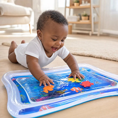 Bebê de bruços brincando no tapete de água interativo Criativaê, estimulando o tummy time