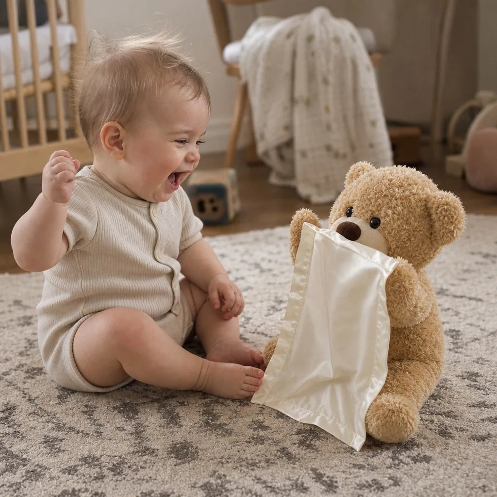 Bebê gargalhando com o ursinho interativo Teddy Esconde no quarto durante a brincadeira de esconde-esconde