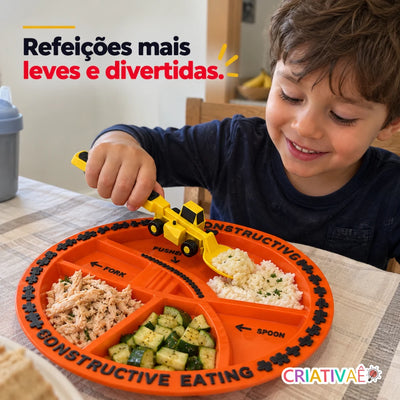 Kit Tratolher Criativaê - Prato Interativo com Talheres de Construção