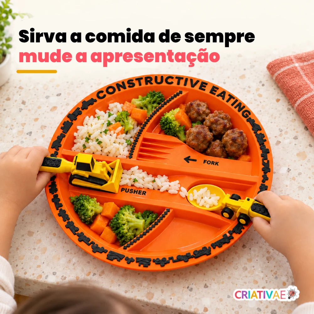 Kit Tratolher Criativaê - Prato Interativo com Talheres de Construção