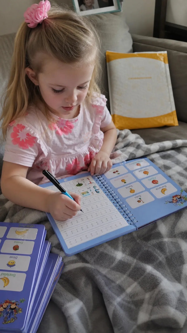 Foto de cliente: crianca com Cadernos Mágicos em casa